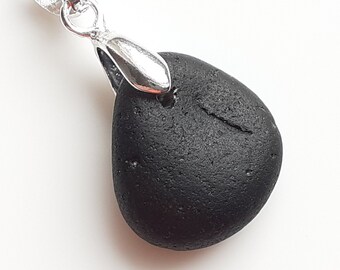 Black Sea Glass Pendant on an optional Sterling Silver Link chain - E3157 - from Scotland, UK