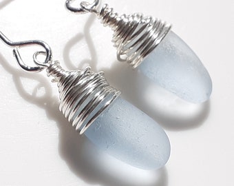 Seaham Sea Glass earrings of Pastel Blue drops suspended from Sterling Silver hooks - E3128 from Seaham,  UK