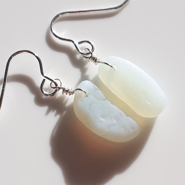 Seaham Sea Glass earrings of Opalescent Sea Glass drops suspended from Sterling Silver hooks - E3081 from Seaham,  UK