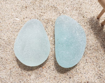 Pair of Large Seaham Seaglass Aqua Pebls, Flattened Egg shape - M3278 - from Seaham beach,  UK