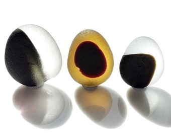 Three Seaham Sea Glass Multi Pebls, Charcoal/Greenish, Red/Yellow, Greenish/Brown - B3261 - from Seaham, UK