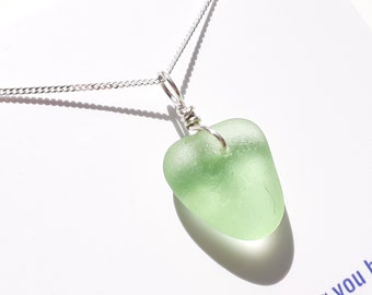 Sea Glass heart shaped Light Green, slightly UV, sea glass pendant with or without my 18" Sterling SIlver chain - E3214 - from Seaham,  UK