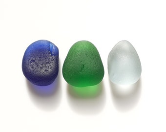 Trio of Small Sea Glass Pebls - Cobalt Blue, Green and Pastel Grey - B2283 - from Seaham, UK