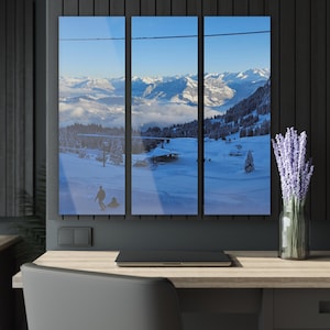 Swiss Mountain Print Wall Art, Winter Alpine Landscape Canvas, Snowy Mountain Wall Decor for Cabin, Ski Chalet, Nature Home Decoration