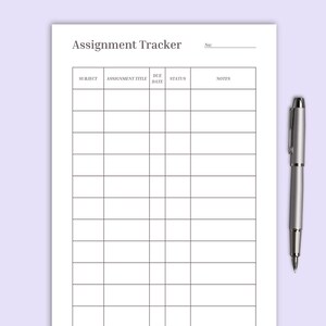 May include: A white assignment tracker sheet with a grid for subjects, titles, due dates, status, and notes. The text "Assignment tracker" is at the top. A silver pen rests on the right side of the sheet. The text "Printable & Fillable PDF | Homework Planner for School & College" is also visible.