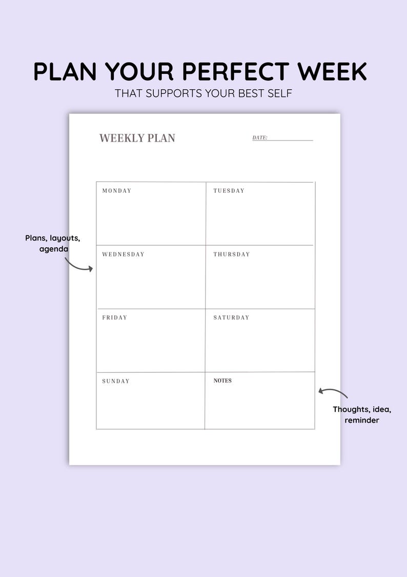 Puede incluir: Un planificador semanal blanco con el texto "PLAN YOUR PERFECT WEEK" y "THAT SUPPORTS YOUR BEST SELF". El planificador incluye secciones para cada d&iacute;a de la semana, una l&iacute;nea de fecha y una secci&oacute;n de notas. Est&aacute; dise&ntilde;ado para planes, dise&ntilde;os, agendas, ideas y recordatorios.