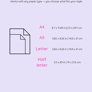 May include: A light purple graphic with the text "SIZE INCLUDED" and paper size options: A4 (8.7 x 11.69 in), A5 (5.82 x 8.26 in), Letter (5.82 x 8.26 in), and Half letter (5.5 x 85 in).