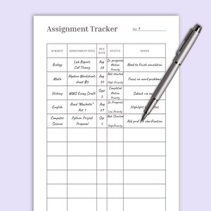 May include: An assignment tracker with the text "Assignment Tracker" and a pen. The tracker includes columns for subject, assignment title, due date, status, and notes. The text "Focus on What Matters" is at the top.