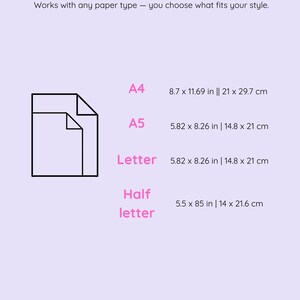 Puede incluir: Gr&aacute;fico lila claro con el texto "SIZE INCLUDED" y opciones de tama&ntilde;o de papel: A4 (21 x 29,7 cm), A5 (14,8 x 21 cm), Carta (14,8 x 21 cm) y Media carta (14 x 21,6 cm).