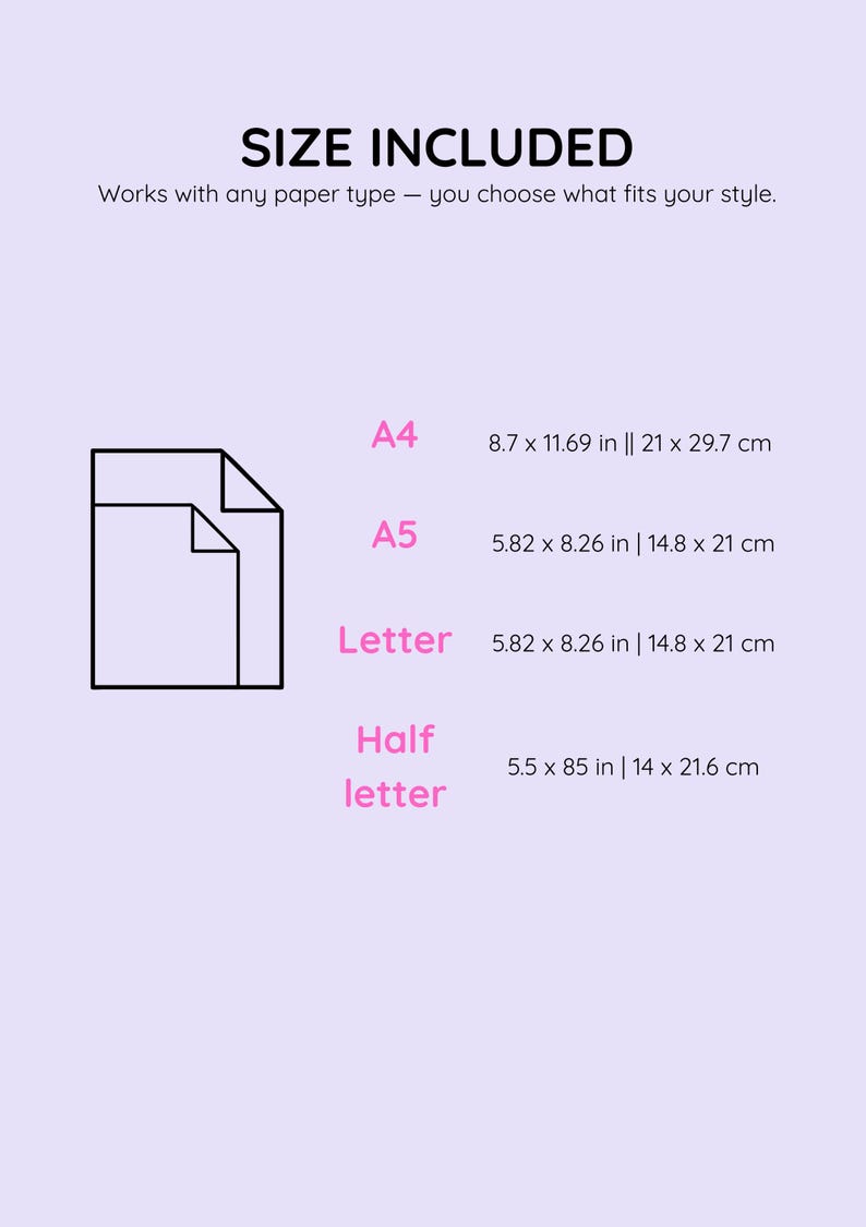 Puede incluir: Gr&aacute;fico lila claro con el texto "SIZE INCLUDED" y opciones de tama&ntilde;o de papel: A4 (21 x 29,7 cm), A5 (14,8 x 21 cm), Carta (14,8 x 21 cm) y Media carta (14 x 21,6 cm).