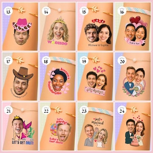May include: A collection of personalized bracelets with cartoon portraits. Each bracelet features a different design, including cowboy hats, tiaras, and text like "Just Married" and "Let's Get Nauti". The bracelets are on a pink background.