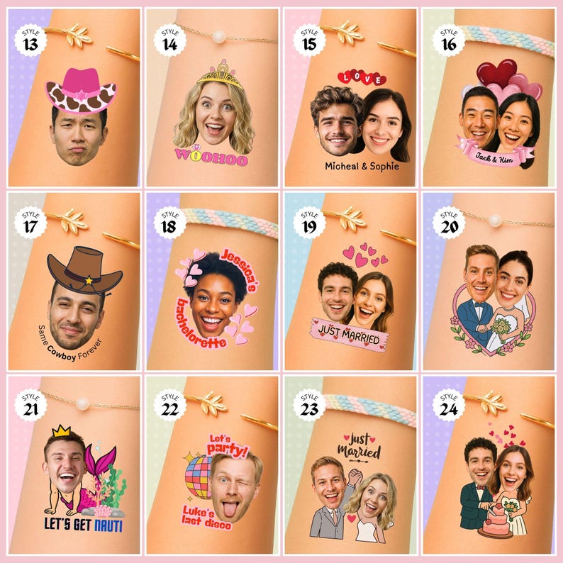 May include: A collection of personalized bracelets with cartoon portraits. Each bracelet features a different design, including cowboy hats, tiaras, and text like "Just Married" and "Let's Get Nauti". The bracelets are on a pink background.