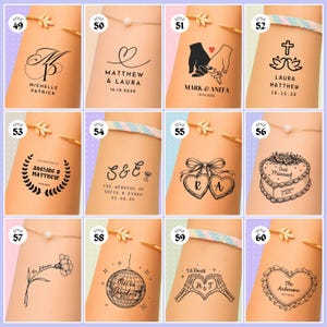 May include: A collection of temporary tattoo designs displayed on arms. Designs include names, dates, hearts, crosses, and other wedding-themed graphics. Each design is labeled with a style number and displayed on a light skin tone.