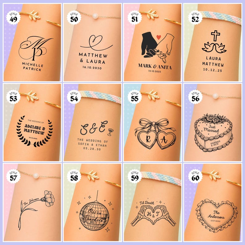 May include: A collection of temporary tattoo designs displayed on arms. Designs include names, dates, hearts, crosses, and other wedding-themed graphics. Each design is labeled with a style number and displayed on a light skin tone.