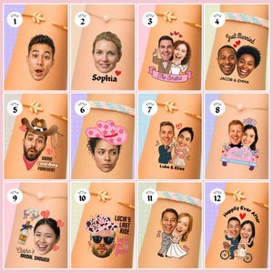 May include: A collection of personalized bracelets with various designs. Some bracelets feature cartoon portraits, while others have text like "Just Married" and "Happily Ever After." The bracelets have gold accents and colorful bands.