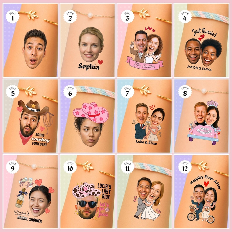 May include: A collection of personalized bracelets with various designs. Some bracelets feature cartoon portraits, while others have text like "Just Married" and "Happily Ever After." The bracelets have gold accents and colorful bands.