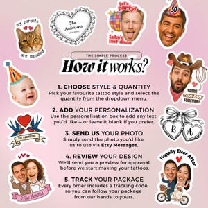 May include: A collection of personalized sticker designs, featuring various images and text. The stickers include photos of people, pets, and text like "How it works?" and "Happily Ever After".