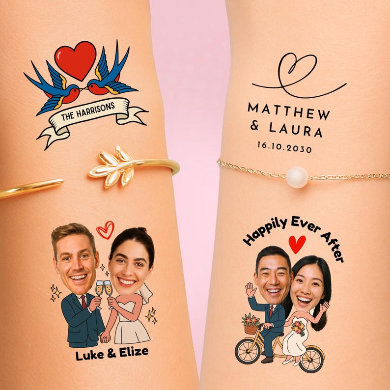 May include: Temporary tattoos featuring wedding-themed designs. One tattoo shows two blue birds with a heart and the text "The Harrisons." Another displays a heart with the names "Matthew & Laura" and the date "16.10.2030." Other designs include cartoon couples and the phrase "Happily Ever After."