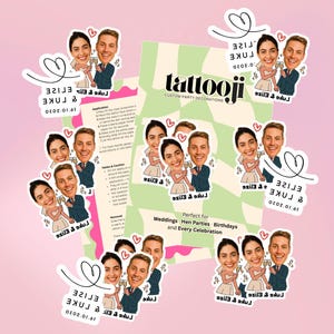 May include: A collection of custom party decoration stickers featuring a cartoon couple toasting champagne. The stickers are white with the names "Elise & Luke" and the date "10.10.2020". A green and white card with the text "tattooji" is also visible.