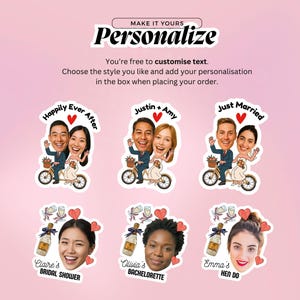 May include: Personalized wedding stickers with cartoon illustrations of couples on bicycles and individual portraits. Text includes "Happily Ever After," "Justin + Amy," "Just Married," "Claire's Bridal Shower," "Olivia's Bachelorette," and "Emma's Hen Do."