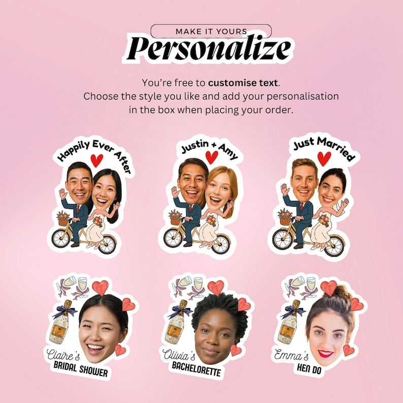 May include: Personalized wedding stickers with cartoon illustrations of couples on bicycles and individual portraits. Text includes "Happily Ever After," "Justin + Amy," "Just Married," "Claire's Bridal Shower," "Olivia's Bachelorette," and "Emma's Hen Do."