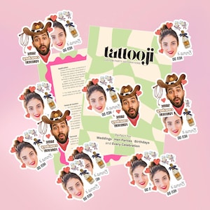 May include: A collection of custom party decoration stickers featuring faces, cowboy hats, champagne bottles, and hearts. The stickers have the text "Same Cowboy Forever" and "Emma Do". The background is a light pink.