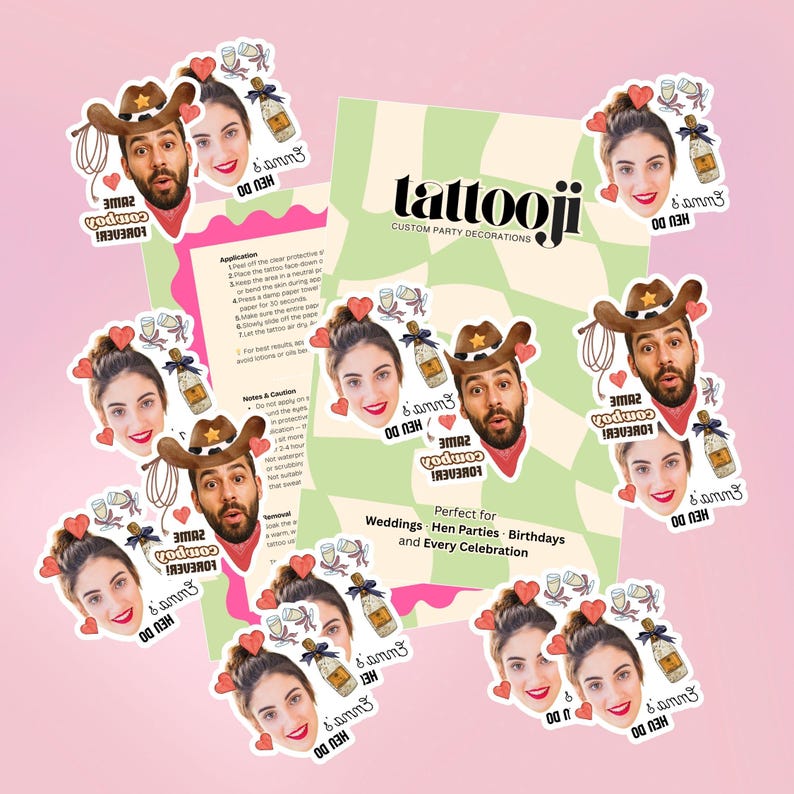 May include: A collection of custom party decoration stickers featuring faces, cowboy hats, champagne bottles, and hearts. The stickers have the text "Same Cowboy Forever" and "Emma Do". The background is a light pink.