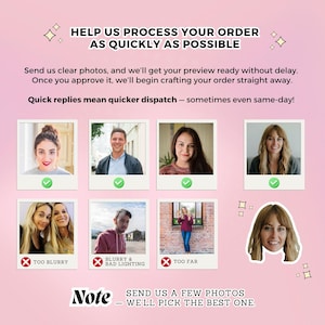 May include: A pink graphic with the text "HELP US PROCESS YOUR ORDER AS QUICKLY AS POSSIBLE." The image includes examples of good and bad photos, with the text "TOO BLURRY", "BLURRY & BAD LIGHTING", and "TOO FAR". The text "SEND US A FEW PHOTOS - WE'LL PICK THE BEST ONE" is also included.