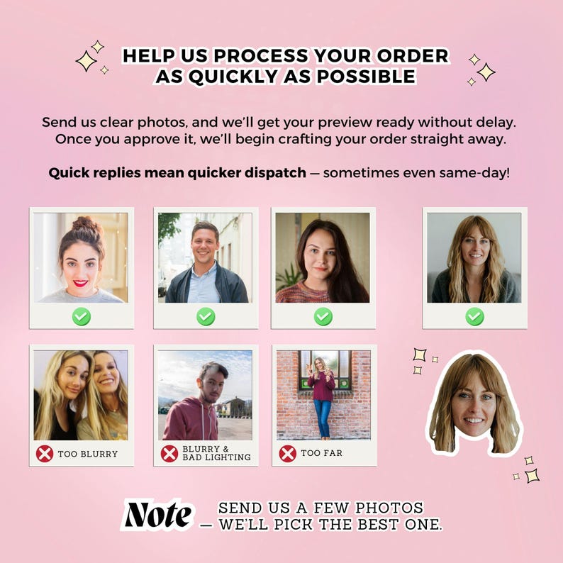 May include: A pink graphic with the text "HELP US PROCESS YOUR ORDER AS QUICKLY AS POSSIBLE." The image includes examples of good and bad photos, with the text "TOO BLURRY", "BLURRY & BAD LIGHTING", and "TOO FAR". The text "SEND US A FEW PHOTOS - WE'LL PICK THE BEST ONE" is also included.