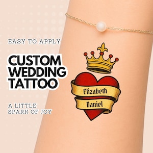 Custom Wedding Tattoos – Personalised Heart with Crown & Couple’s Names, Temporary Tattoo Favour for Guests, Bridal Shower, Hen Party Tattoo