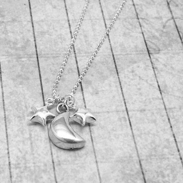 Lune et étoiles collier, collier lune, étoile collier, bijoux étoile lune, charme Long collier, bijoux en argent Sterling, la lune et étoiles,