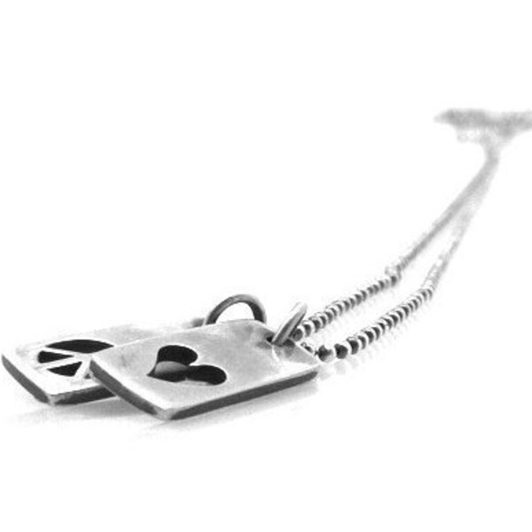 Long Charm Necklace, Peace and Heart Dog Tags, Sterling Silver