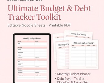 Könnte beinhalten: Ein digitales Budget- und Schulden-Tracker-Toolkit in Rosa und Weiß. Das Bild zeigt ein Tablet mit einem monatlichen Budgetplaner sowie gedruckte Blätter für Schuldenrückzahlung, Sparziele und Rechnungsverfolgung. Der Text auf dem Bild lautet "Ultimate Budget & Debt Tracker Toolkit."