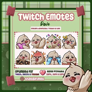 May include: A digital collection of eight dove-themed emotes featuring various expressions including holding a purple heart, waving, surrounded by confetti, crying, holding a sign that says RAID, looking angry, and weeping with blue tears.