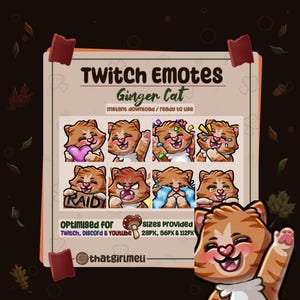 Pode incluir: Gráfico de arte digital com uma coleção de emotes Twitch de gato ruivo. Os emotes exibem várias expressões e ações, incluindo segurar um coração, acenar e chorar. O texto inclui "Twitch Emotes" e "Ginger Cat". Otimizado para Twitch, Discord & YouTube.