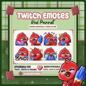 Puede incluir: Una colección digital de ocho emoticonos de loro rojo para Twitch, Discord y YouTube. Los gráficos muestran un pájaro rojo con alas azules en varias expresiones, incluyendo sosteniendo un corazón, saludando, llorando y sosteniendo un cartel que dice RAID.