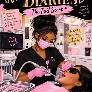 Op de afbeelding: Een boekomslag getiteld Dental Assistant Diaries: The Full Scoop met een illustratie van een tandartsassistent in zwarte kleding en een roze masker die een patiënt behandelt. Het ontwerp bevat tekst, tandheelkundige iconen en een roze notitie.