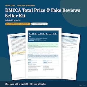 Puede incluir: Un kit de vendedor digital para empresas del Reino Unido titulado DMCCA Total Price & Fake Reviews Seller Kit. El documento es un formulario de Microsoft Word rellenable de 18 páginas A4 con plantillas de auditoría y registros.