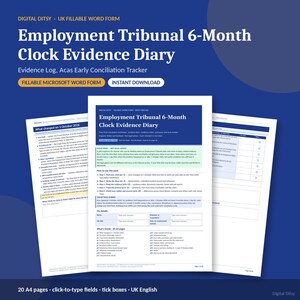 Planificador para tribunales laborales del Reino Unido. Cronograma de ACAS, seguimiento de plazos y registro de pruebas, plantilla de Word.