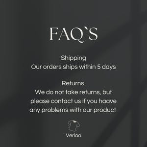 Puede incluir: Gr&aacute;fico gris oscuro con texto blanco. El texto dice "FAQ'S", seguido de informaci&oacute;n de env&iacute;o: los pedidos se env&iacute;an en 5 d&iacute;as. Tambi&eacute;n indica la pol&iacute;tica de devoluciones y la marca "Verloo".