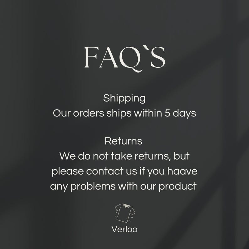 Puede incluir: Gr&aacute;fico gris oscuro con texto blanco. El texto dice "FAQ'S", seguido de informaci&oacute;n de env&iacute;o: los pedidos se env&iacute;an en 5 d&iacute;as. Tambi&eacute;n indica la pol&iacute;tica de devoluciones y la marca "Verloo".