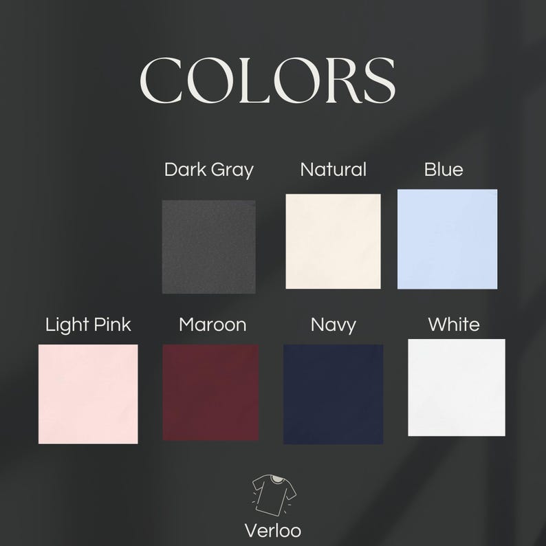 Puede incluir: Imagen que muestra una paleta de colores con la palabra "COLORS" en la parte superior. La paleta incluye cuadrados de gris oscuro, natural, azul, rosa claro, granate, azul marino y blanco. El logotipo de Verloo est&aacute; en la parte inferior.