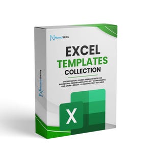 May include: A product box for an Excel Templates Collection. The box is white with green accents and the text "EXCEL TEMPLATES COLLECTION" in large, bold letters. The Microsoft Excel logo is visible.