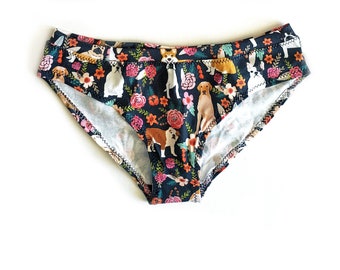 Floral Dog Print Organic Cotton Woman's Underwear/ Highwaist/ Thong/ Cheekini