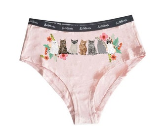 Vintage Cat on Dusty Pink Organic Cotton Woman's Comfy high waist Underwear/ For Her/ Matching/ comfy