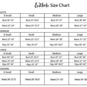 May include: Size chart for bralettes, underwear, one-piece garments, and men's boxers. The chart shows sizes from X-Small to X-Large with corresponding bust, waist, and hip measurements in inches.