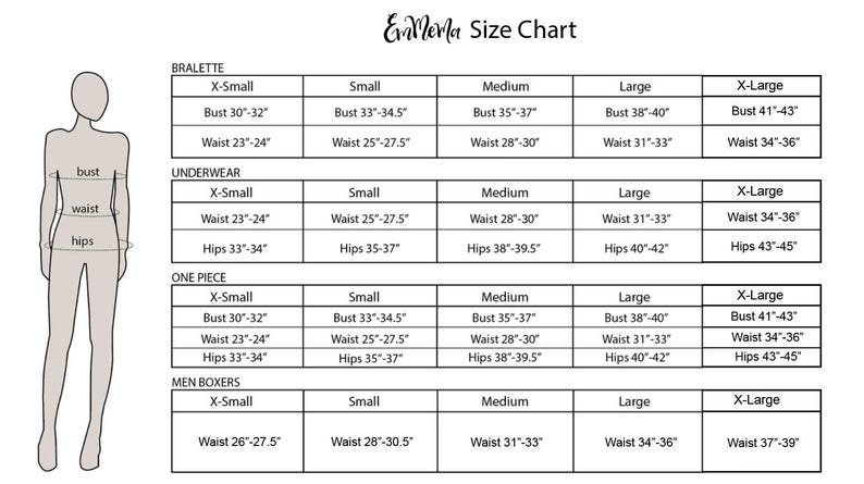 May include: Size chart for bralettes, underwear, one-piece garments, and men's boxers. The chart shows sizes from X-Small to X-Large with corresponding bust, waist, and hip measurements in inches.