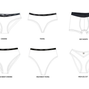 May include: A line drawing illustration of different styles of underwear, including cheekini, thong, boy shorts, high waist cheekini, high waist thong, and high leg cut.