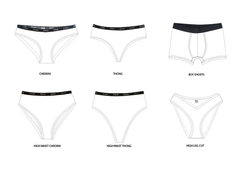 May include: A line drawing illustration of different styles of underwear, including cheekini, thong, boy shorts, high waist cheekini, high waist thong, and high leg cut.