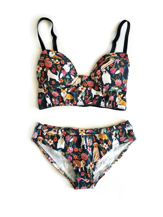Floral Dog Print Organic Cotton Woman's Underwear/ Highwaist/ Thong/ Cheekini